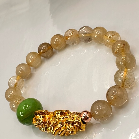 GOLD RUTILANT + GOLD PIXIU  NATURAL BRACELET size 7” - Picture 6 of 12